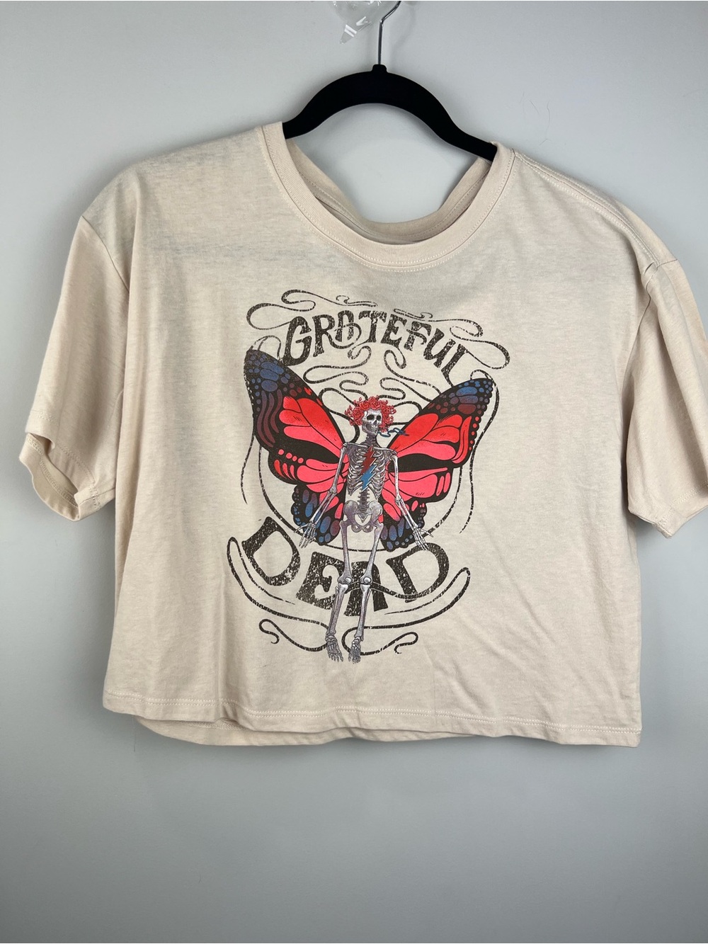 Grateful Dead Cream Crop Tee with Red & Black Butterfly Skeleton Graphic